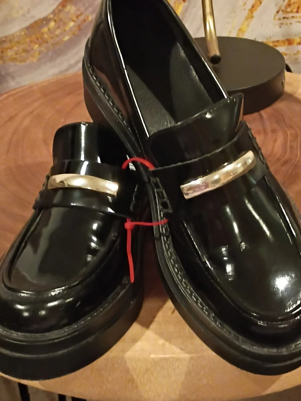 Steve Madden Black Patent Loafers with Gold Accent